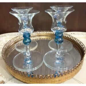 Glass Candlestick Holders Set Of 4 Blue Green Coastal Beach Candle Tablescape